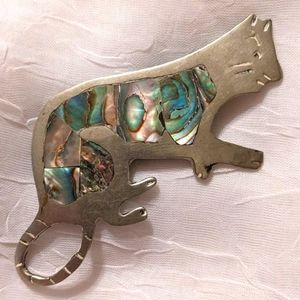 Vintage Cat Brooch Abalone Anthropomorphic Mother of Pearl Mexico Silver Kitty
